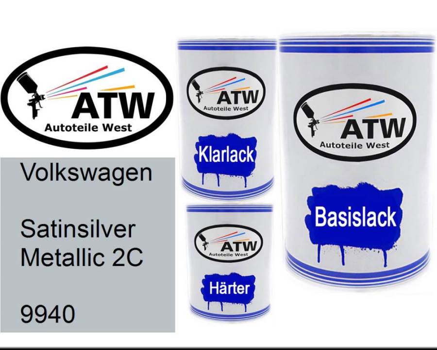 Volkswagen, Satinsilver Metallic 2C, 9940: 500ml Lackdose + 500ml Klarlack + 250ml Härter - Set, von ATW Autoteile West.